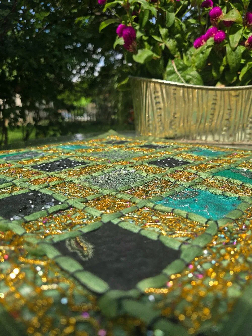Vintage Pier 1 Imports Beaded Patchwork Placemat – Green & Gold Boho Table Decor
